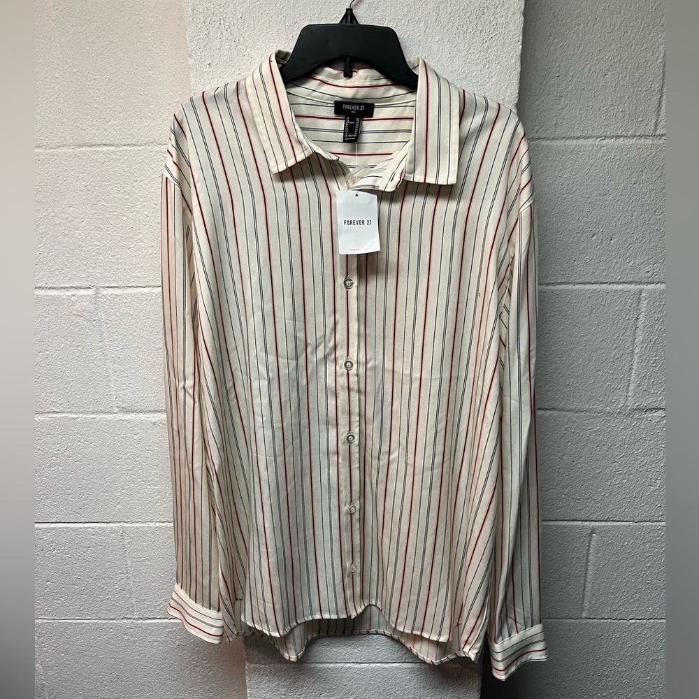 Forever 21 Cream Striped Button-Up Shirt. XL
